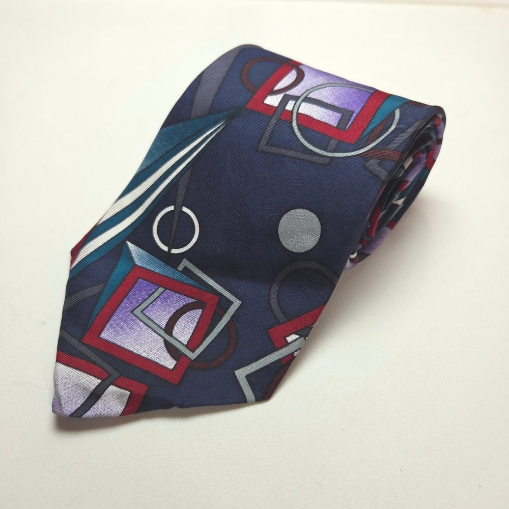 JT Beckett Mens Silk Tie Navy Blue Purple Red Geometric Abstract Made in USA